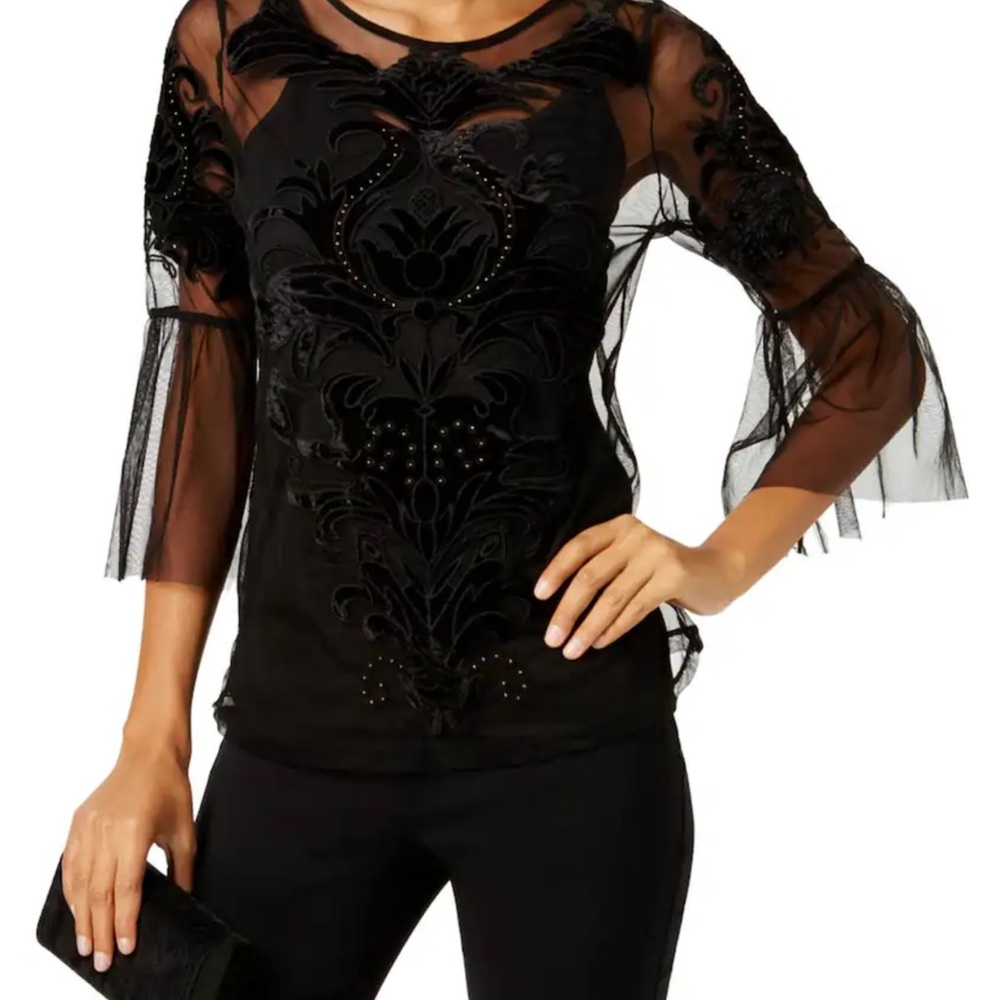 INC Black Mesh Velvet Appliqué See Through Top Blouse. Petite,Vintage,Y2K, Goth - Picture 3 of 15